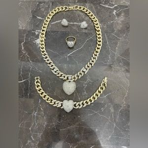 New! 18k Gold Plated Cuban Chain Link Heart Jewelry Set